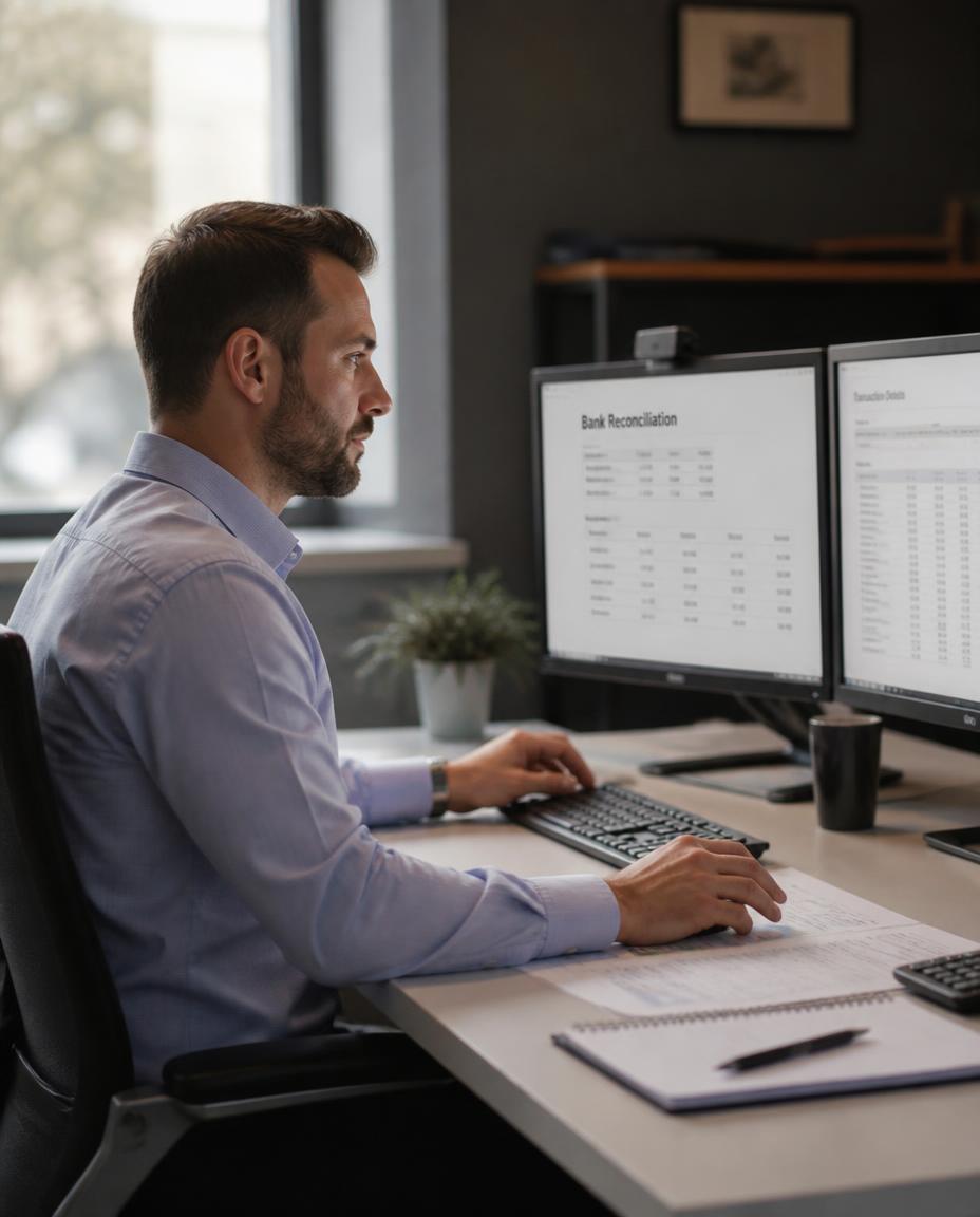 Clay Smith reviewing reconciliation reports on dual monitors