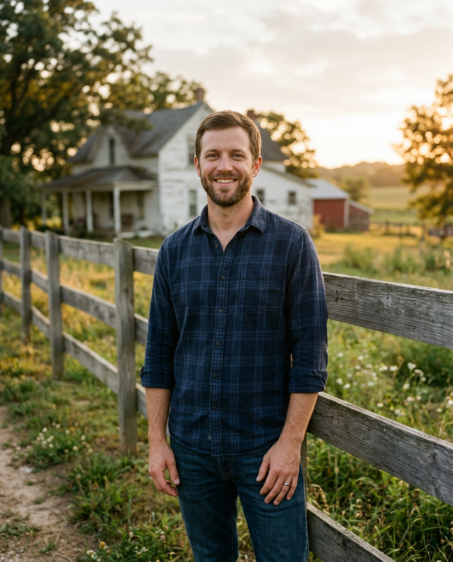 Clay Smith standing near a farmhouse fence at golden hour