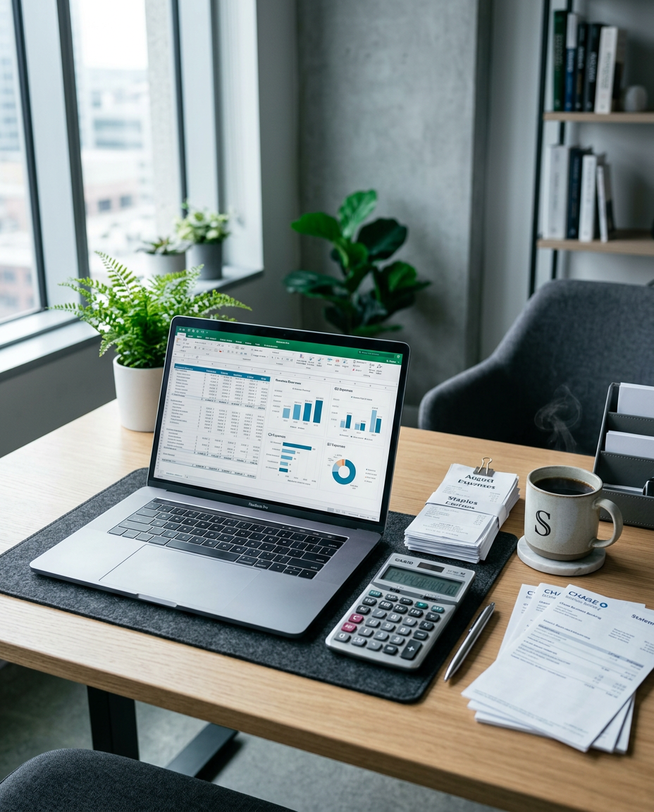 Small business desk with laptop showing accounting dashboards and receipts