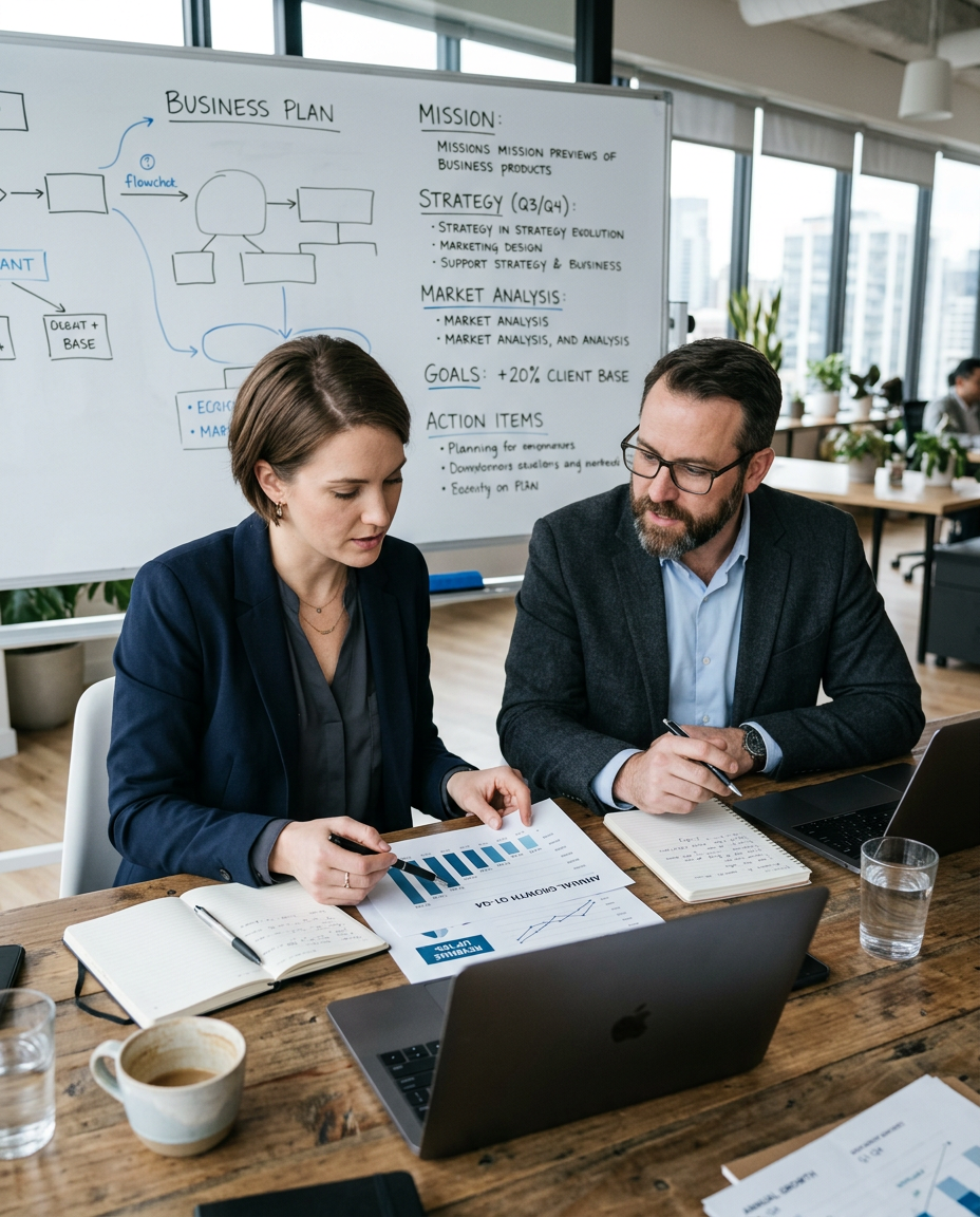 Two professionals reviewing growth charts during a strategy session