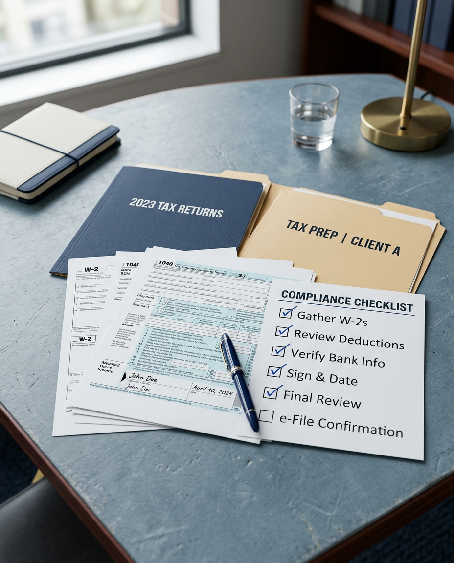Organized tax preparation folders and compliance checklist on a desk